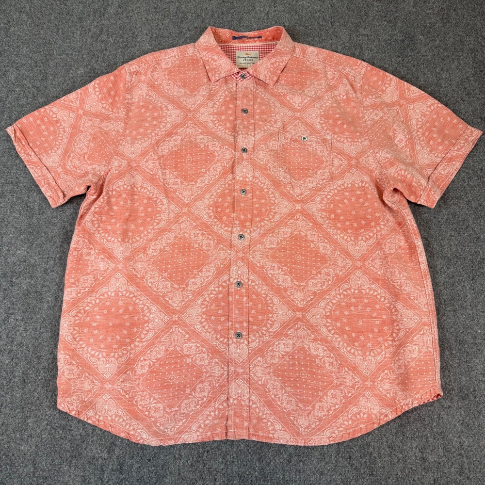 Tommy Bahama Jeans Mens XL Coral Paisley Bandana Linen Tencel SS Button Up Shirt